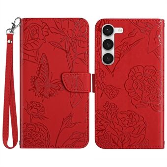 For Samsung Galaxy S23+ HT03 påtrykte sommerfuglblomster lommebokveske Skin-touch PU-skinn Magnetisk flipstativ Stand med stropp