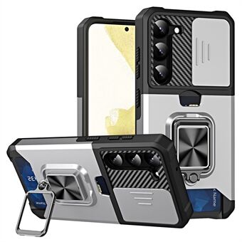 For Samsung Galaxy S23+ Fallsikker telefonveske Kortholder Kickstand Hard PC Myk TPU telefonskall med skyvekameralinsedeksel