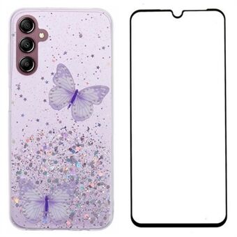 WANLONFENG AW Series for Samsung Galaxy A54 5G Deksel med Glitter 3D Sommerfugl TPU Telefondeksel med HD Film 2-i-1