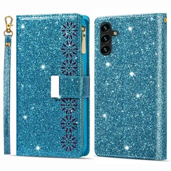 Anti-fall telefonveske for Samsung Galaxy A54 5G lommebokstativ med Stand Laserutskjæring glitrende Starry stil PU-skinn Flip-telefondeksel med stropp