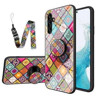 For Samsung Galaxy A54 5G støtsikker telefonveske i herdet glass med blomstermønster PC + TPU Anti- Scratch støttedeksel med snor