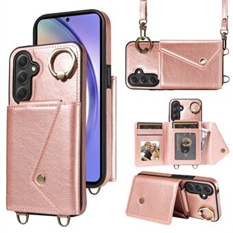 002 Anti-drop skall til Samsung Galaxy A54 5G, Ring Kickstand Card Bag Litchi Tekstur Lær+TPU-telefonveske med skulderrem