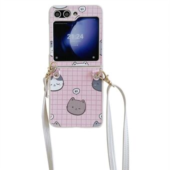 For Samsung Galaxy Z Flip5 5G-etui Tegneseriekatt PU + PC-telefondeksel med skulderstropp.