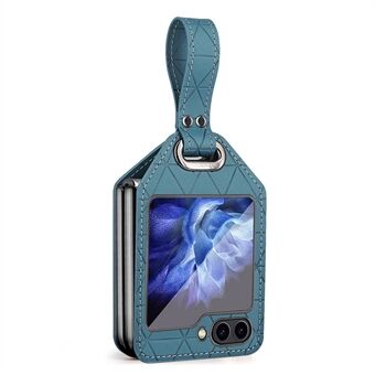 For Samsung Galaxy Z Flip5 5G Etui Rhombemønster Strukturert Skinn+PC Telefondeksel Stropp Stativ