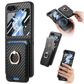 For Samsung Galaxy Z Flip5 5G Etui med ringholder, kortveske, skinn+PC telefondeksel med skjermbeskytter til baksiden