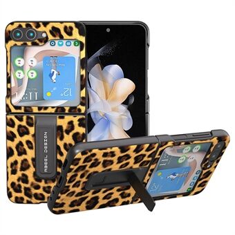 ABEEL Til Samsung Galaxy Z Flip5 5G PU Skinn+PC Støtte Cover Leopardmønster Telefonveske