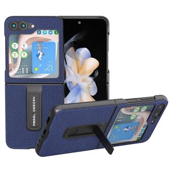 ABEEL for Samsung Galaxy Z Flip5 5G Kickstand telefondeksel laget av ekte kuskinn og PC med litchi tekstur