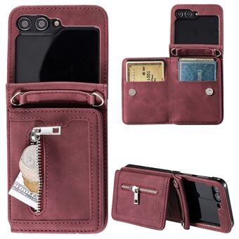 For Samsung Galaxy Z Flip5 5G-etui med støttebein, kortlomme, telefonstøpt lærovertrekk med håndrem.