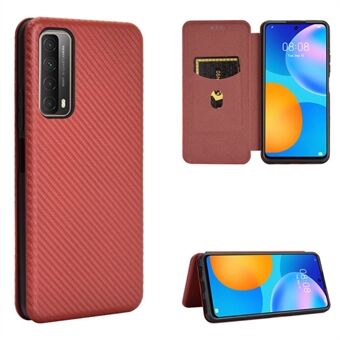 Auto-absorbert Carbon Fiber Texture Shell for Huawei P Smart 2021 / Y7a Stand Leather Case