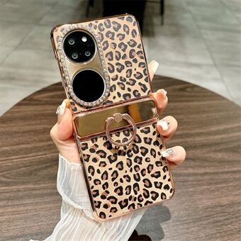 For Huawei P50 Pocket-etui Leopard-mønster Ringholder Rhinestone Hardt PC-deksel