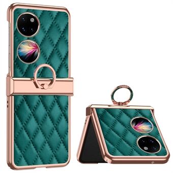 For Huawei P50 Pocket Ring Kickstand telefonveske påtrykt Rhombus rutemønster galvanisering PU-skinnbelagt PC-bakdeksel