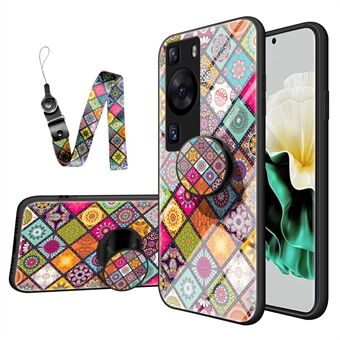 For Huawei P60 / P60 Pro PC+TPU+herdet glassveske Blomstermønster Kickstand telefondeksel med snor