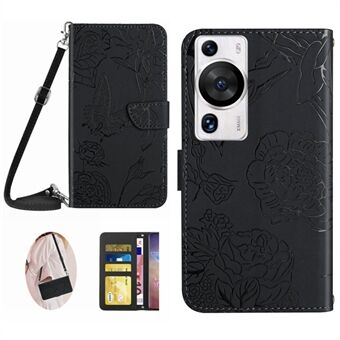 HT03 telefonveske for Huawei P60 / P60 Pro lommebok PU- Stand Butterfly Flowers påtrykt deksel med skulderstropp