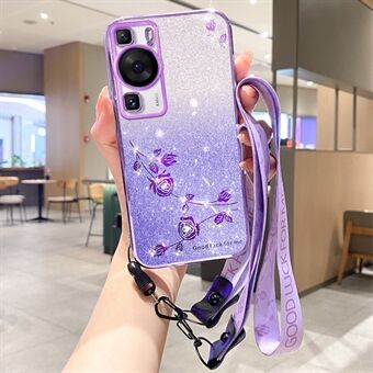 For Huawei P60 / P60 Pro Strap Design TPU-deksel Glitter Rhinestone Dekor Blomstermønster Telefondeksel