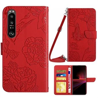 For Sony Xperia 1 IV Skinnstativ med Stand Sommerfuglblomster med trykkmønster Lommebok telefondeksel med skulderstropp