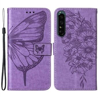 YB Imprinting-serien-4 for Sony Xperia 1 IV Butterfly Flower Pattern Imprinted PU lær-etui med stativfunksjon Flip-lommebokomslag med stropp