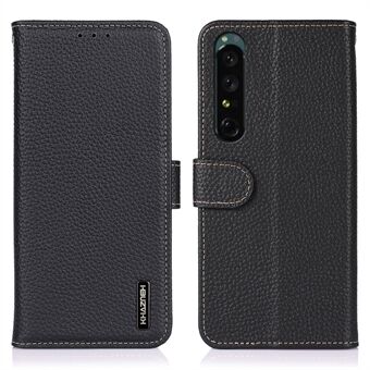 KHAZNEH Anti-drop telefondeksel for Sony Xperia 1 V , ekte lær Litchi Texture lommebokstativ Stand