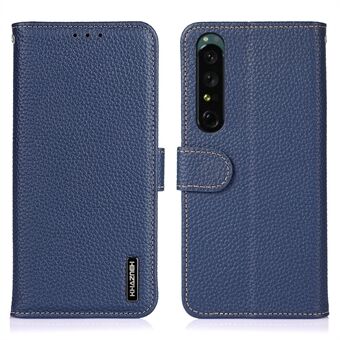 KHAZNEH Anti-drop telefondeksel for Sony Xperia 1 V , ekte lær Litchi Texture lommebokstativ Stand