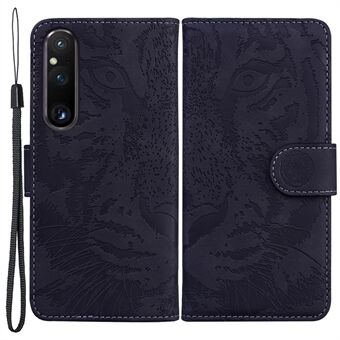 For Sony Xperia 1 V PU Lær lommebokveske Tiger Imprinted Folding Stand Telefondeksel