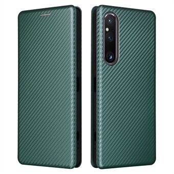 For Sony Xperia 1 V Stand PU-lær telefonveske Carbon Fiber Texture Kortholder Telefondeksel