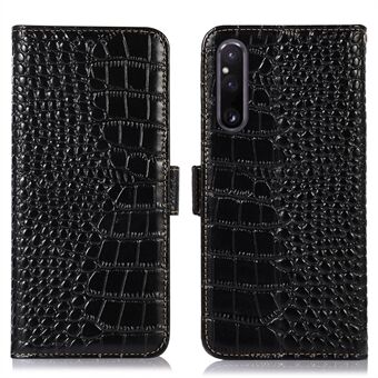 Lommeboktelefonveske til Sony Xperia 1 V, Crocodile Texture RFID- Stand . Telefondeksel i ekte okseskinn