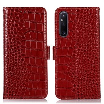 Lommeboktelefonveske til Sony Xperia 1 V, Crocodile Texture RFID- Stand . Telefondeksel i ekte okseskinn