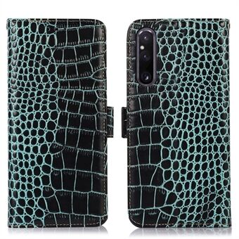 Lommeboktelefonveske til Sony Xperia 1 V, Crocodile Texture RFID- Stand . Telefondeksel i ekte okseskinn