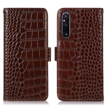 Lommeboktelefonveske til Sony Xperia 1 V, Crocodile Texture RFID- Stand . Telefondeksel i ekte okseskinn