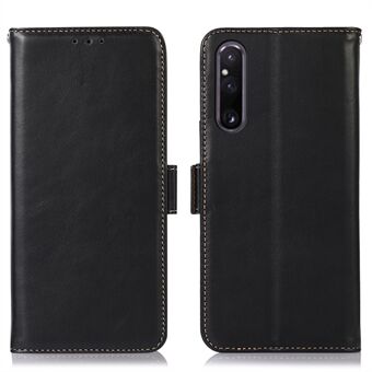 Telefonveske i ekte okseskinn til Sony Xperia 1 V Crazy Horse Texture RFID- Stand Lommebokskall