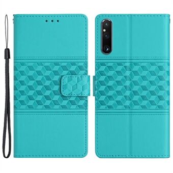 Telefonlommebokveske for Sony Xperia 1 V, påtrykt Rhombus Leather Stand Telefondeksel