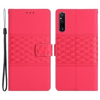 Telefonlommebokveske for Sony Xperia 1 V, påtrykt Rhombus Leather Stand Telefondeksel