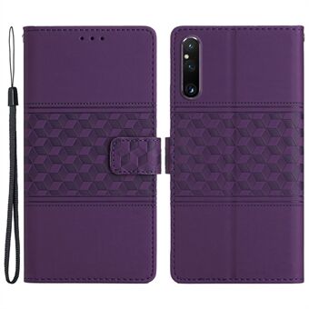 Telefonlommebokveske for Sony Xperia 1 V, påtrykt Rhombus Leather Stand Telefondeksel