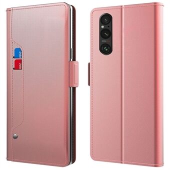 For Sony Xperia 1 V Støtsikkert lærveske Speil Design Stand Kortholder Telefondeksel