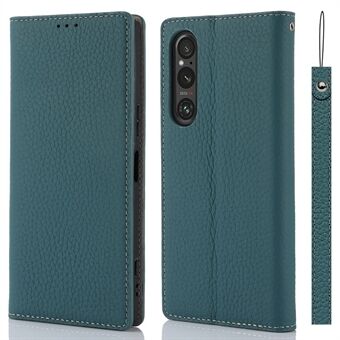 For Sony Xperia 1 V Litchi Texture ekte kuskinn telefonveske Stand lommebok flip-deksel med stropp