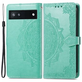 Telefon Flip-etui for Google Pixel 6a med preget Mandala-blomst, mykt PU-skinnveske med stropp.