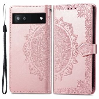 Telefonflipdeksel for Google Pixel 6a med preget mandala blomstermønster. Laget av mykt PU-skinn og har lommebokfunksjon med stropp.