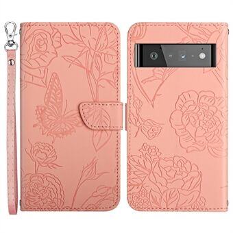 Sommerfuglblomster Inntrykk Anti-dråpe PU-lærtelefonskall for Google Pixel 6 Pro, Mønsterinntrykk Design Lommebokstativveske med praktisk stropp