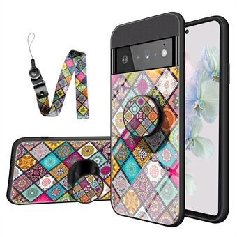 Blomstermønster-telefondeksel for Google Pixel 7. Laget av herdet glass + PC + TPU-materiale med lanyard-design og innebygd stativ for beskyttelse.