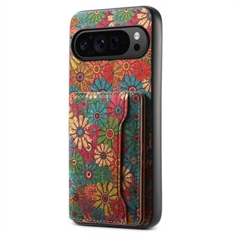 For Google Pixel 9 Pro, Kickstand-etuier med Blomstermønster, lomme for kort, PU+TPU+PC-telefondeksel.