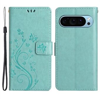 For Google Pixel 9 Pro-etui i skinn med sommerfugl og blomsterdesign, vendbart lommeboktelefondeksel