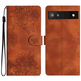 For Google Pixel 8a Etui PU Lær Sommerfugl Blomst Folio Kortspor Telefon Deksel