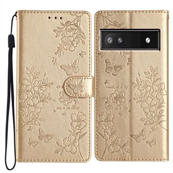 For Google Pixel 7a Etui med Sommerfugl- og Blomstermønster i Skinn med Stativfunksjon