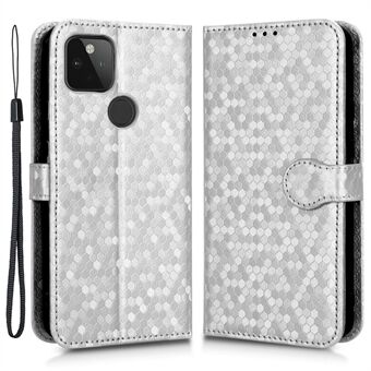 For Google Pixel 5a 5G Dot Pattern Imprinted PU Leather-etui med flip-stand og lommebok-deksel med håndleddsreim.