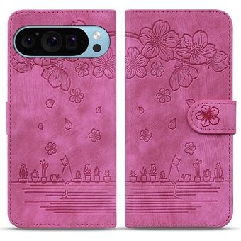 For Google Pixel 9 / Pixel 9 Pro Etui Flip Stativ Lær Telefondeksel med Kirsebærblomst Katt Preging