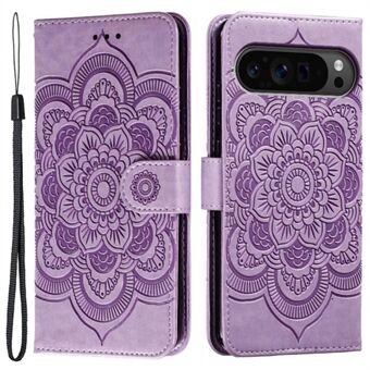 For Google Pixel 9 Pro XL Etui PU Skinn Mandala Preget Design Lommebok Telefon Deksel