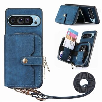 For Google Pixel 9 / Pixel 9 Pro Etui Glidelås Kortholder PU Lær Telefon Bakdeksel med Lang Stropp