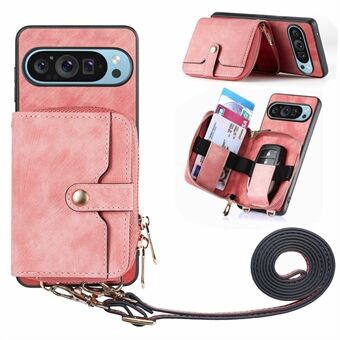 For Google Pixel 9 Pro XL Etui Glidelås Kort Holder PU Lær Telefon Bakdeksel med Lang Stropp