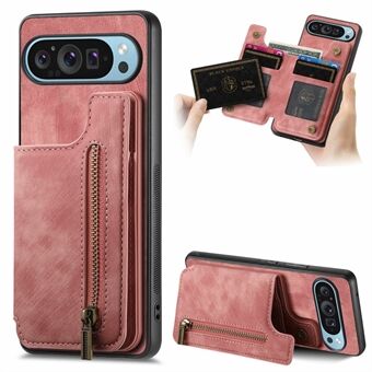 For Google Pixel 9 Pro XL Etui med kortholder Retro Lær+TPU Glidelås Telefondeksel