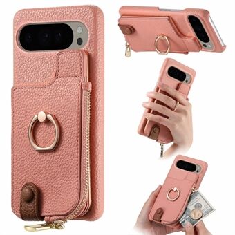 For Google Pixel 9 Pro XL Etui Kort Holder Stativ Lær+TPU Telefondeksel med Glidelåslomme