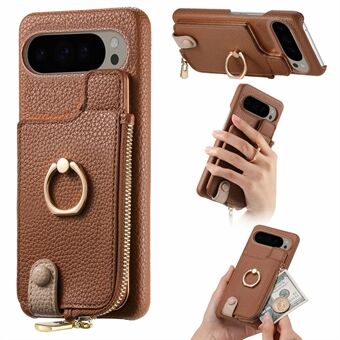 For Google Pixel 9 Pro XL Etui Kort Holder Stativ Lær+TPU Telefon Deksel med Glidelåslomme